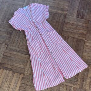 Eliza red and white striped midi dress with pockets and belt loops